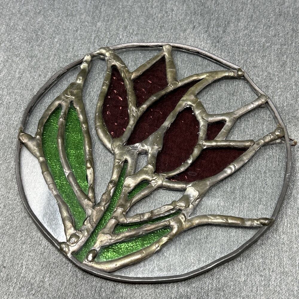 Vintage Stained Glass Red Tulip Suncatcher Leaded Round Window Hanging Panel